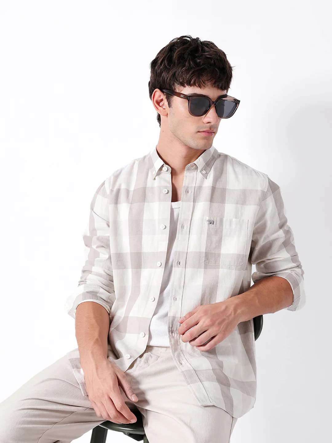 Beige Woven Checked Slim Fit Casual Shirt – alternate view