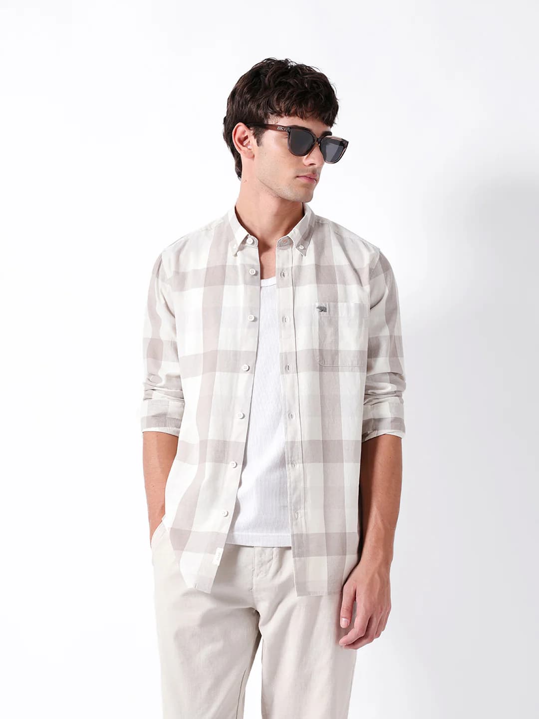 Beige Woven Checked Slim Fit Casual Shirt