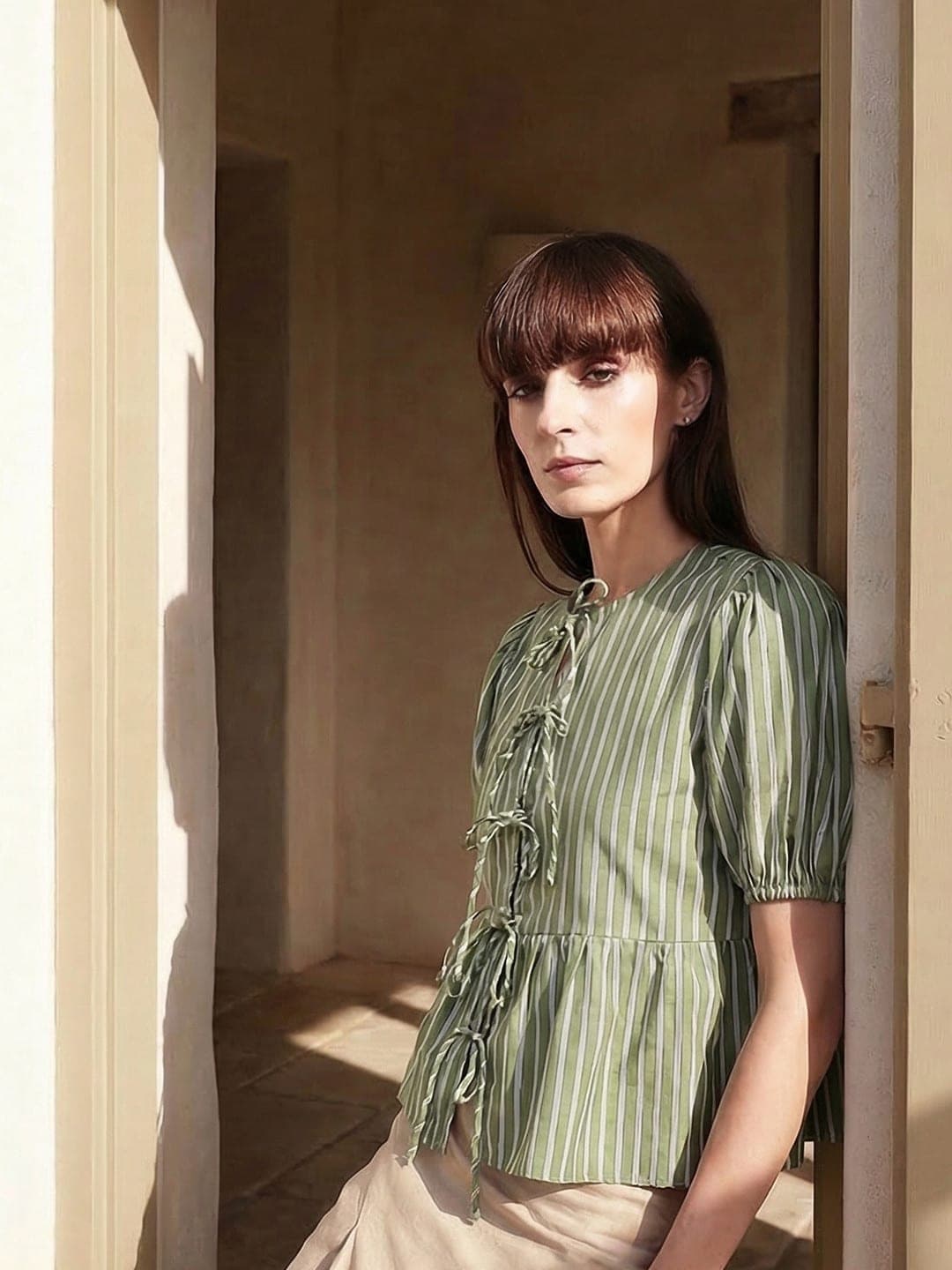 Casual Green Striped Puff Sleeve Top