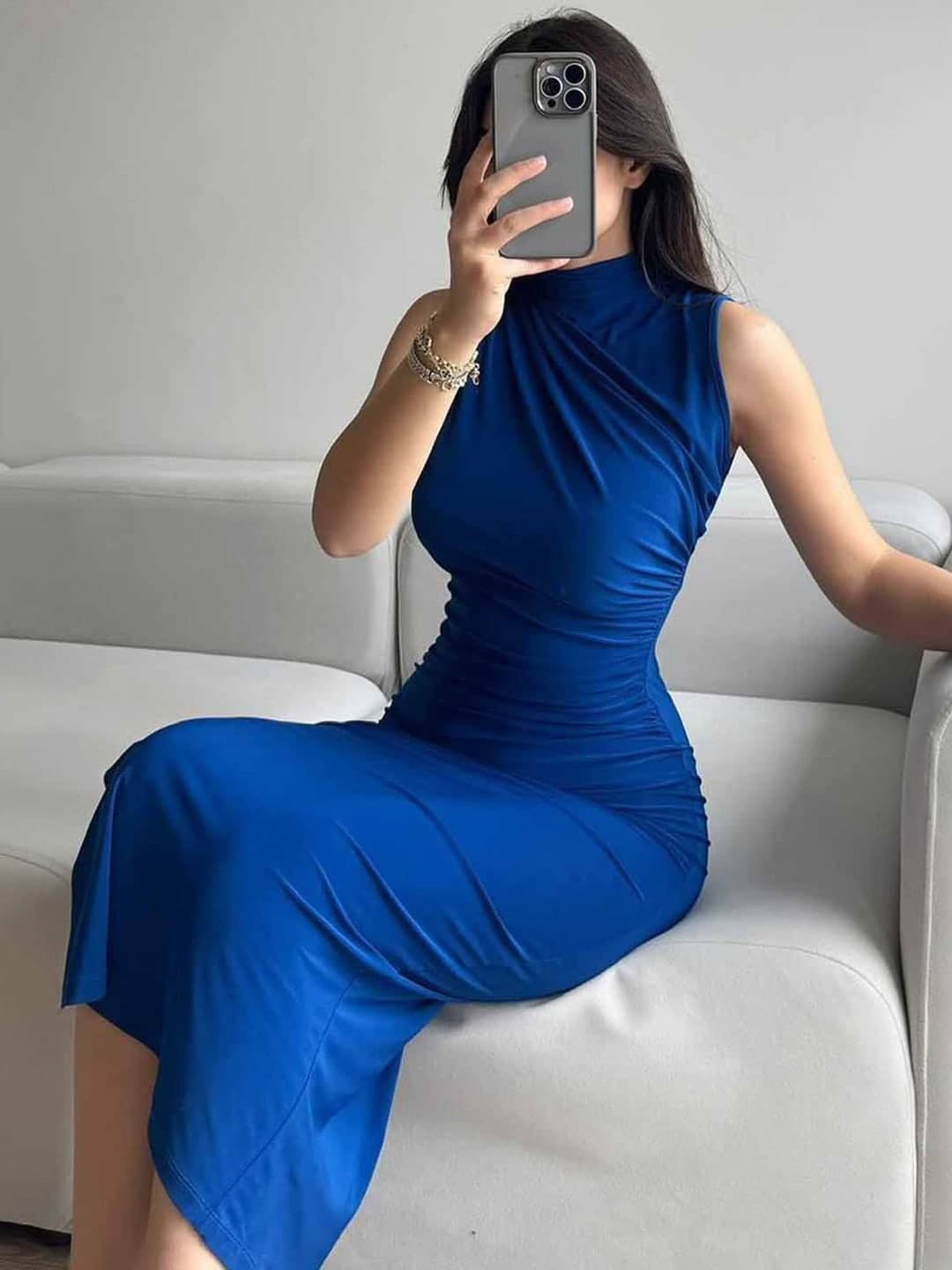 Blue Solid Bodycon Dress